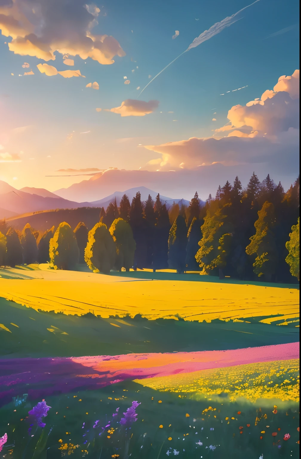 a view of a field of flowers with trees in the background, sunny meadow, summer meadow, meadow with flowers, the brilliant dawn on the meadow, serene field setting, meadow in the forest, southern wildflowers, spring early morning, in a meadow, summer morning light, field of flowers, an aesthetic field of flowers, at sunrise in springtime, meadow, springtime morning