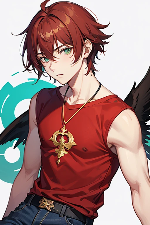 Xiao from Genshin Impact, boy, , messy reddish brown hair, green eyes, open red t-shirt with black wing print, necklace with a golden cross, blue jeans, looking in profile directly at the viewer, white background