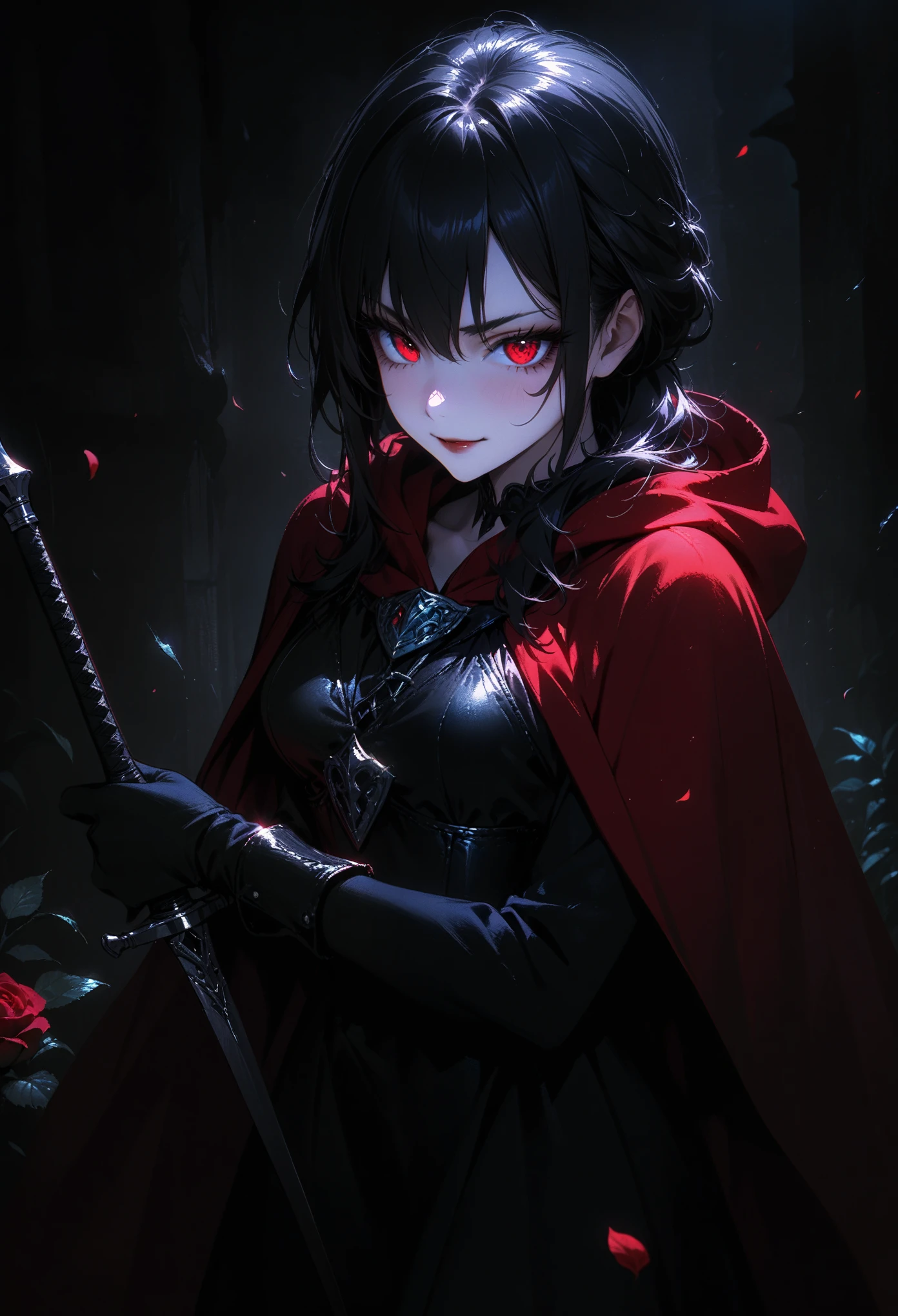 (full body portrait), 1girl, solo, (holding weapon), sword, (long black hair), detailed face, mischief expression, smirk, pale white skin, red eyes, (detailed eyes), long eyelashes, black eye liner, red lipstick, black tunic, (red hoodie cloak), long dress, leather glove, (chest armor), (standing pose) moonlight, hard lighting, blue light, cold light, ((rose pedals falling)), (medieval theme), (masterpiece), super detailed, best quality, POV, dw01-3400