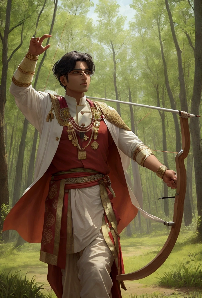 Best quality,Highly detailed,Masterpiece,indian male,dressed like king, Shooting arrows,Archery competition,in forest, deers running