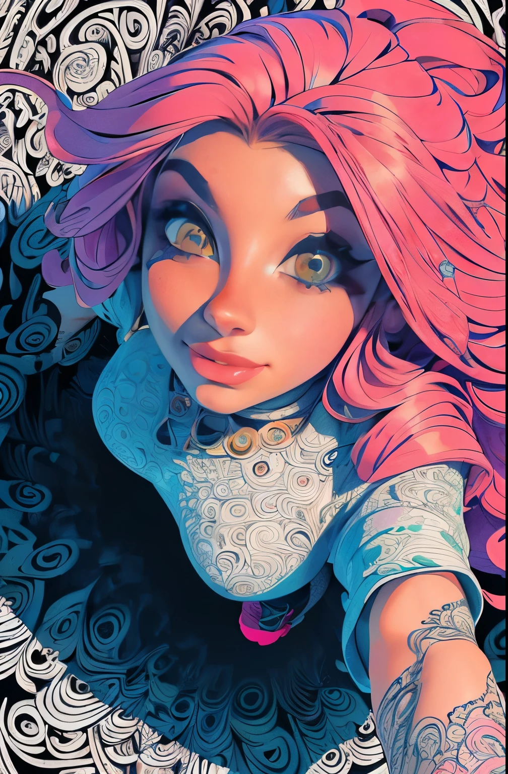 ((masterpiece:1.2, best quality)), ultra detailed, Ultra-precise depiction, Ultra-detailed depiction, (zentangle:1.2), (dynamic pose), (abstract background:1.5), wavy long hair, pink hair, 1girl, colorful, portrait, (from above:1.2)