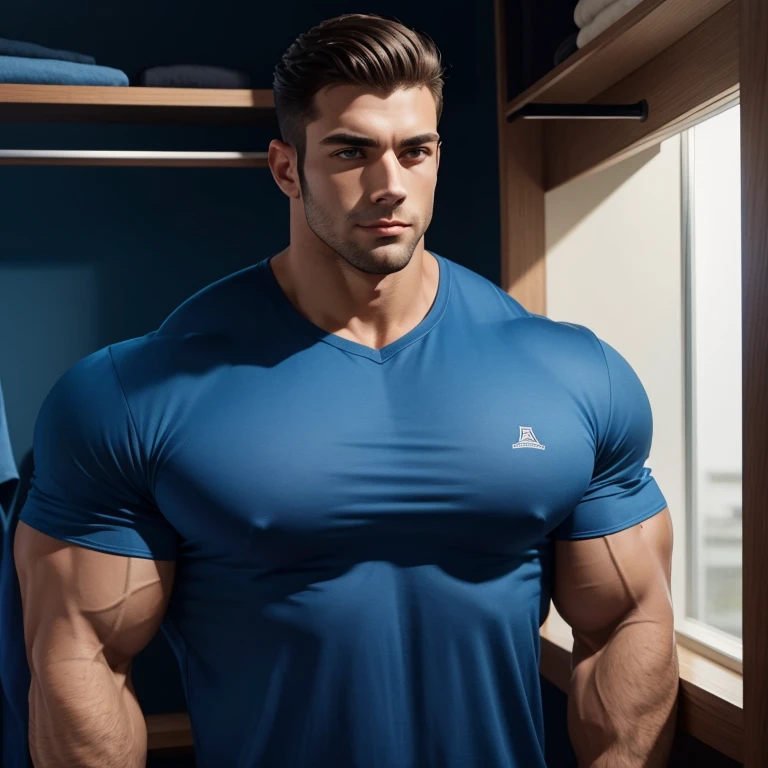 a very handsome young man, massively muscular, with massively large muscles, with massively large biceps, with massively large arms, perfect posture, wearing a blue shirt, in a closet with high lighting