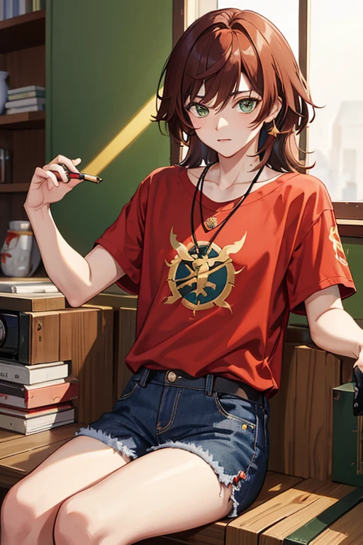 Xiao from Genshin Impact, boy, , messy reddish brown hair, green eyes, open red t-shirt with black wing print, necklace with a golden cross, blue jeans, looking in profile directly at the viewer, white background