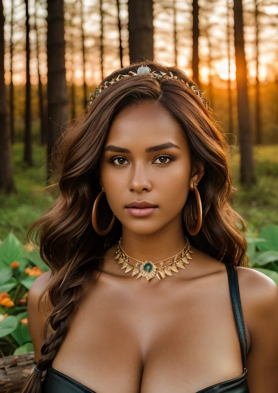 raw photo, (A portrait photo of 25 year old women:1.2), sitting on a log, (forest), belt bag with flowers, (giant breasts:1.2), neckline, (seductive:1.1), leaf earrings, collar de leaves, Leather Clothes, long skirt, wifes, leaves, (very detailed skin:1.0), detailed eyes, 8k hd, DSLR, Soft lighting, Best Quality, film grain, Fujifilm XT3, (girl next door style:1.2), detailed eyes, by the wide, (Brown hair:1.1), braid, (greasy hair:0.8), (shadow:0.1), (african woman:1.3), fancy, (cinematic lighting, Sunset), Crown of flowers, NSFW, 