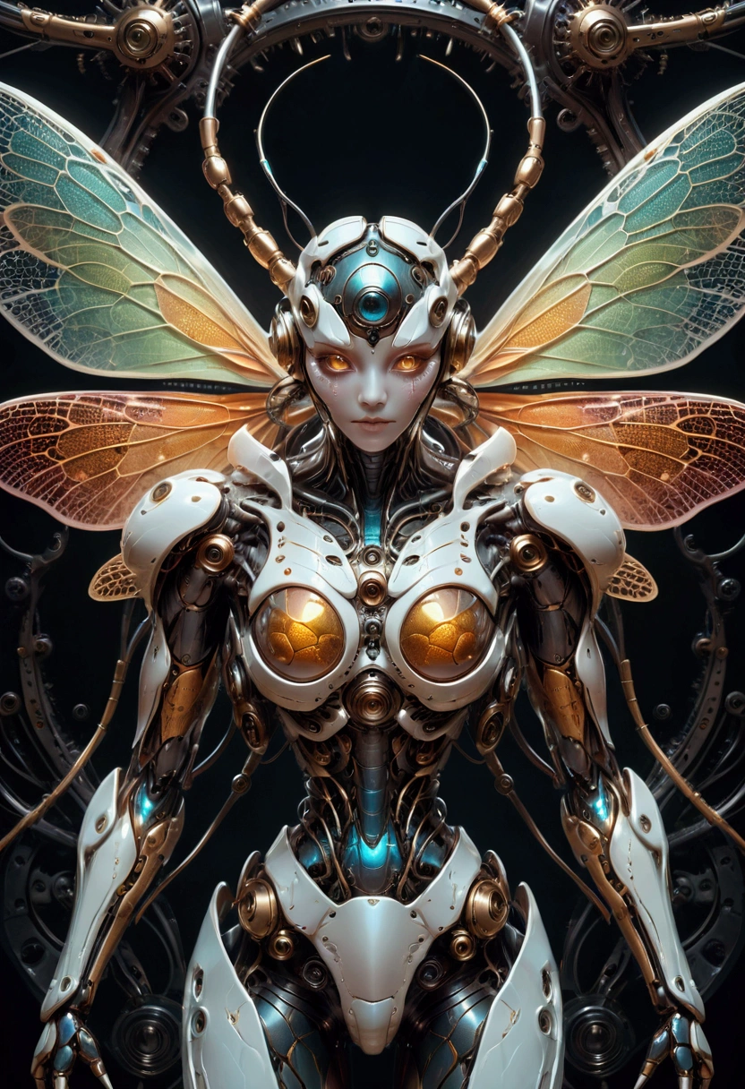 Mechanical Creature, mechanical dragonfly, intricate artwork, nightmare creature, perfect eyes, delicate skin, luminism, macro photography, Ultra high quality, 8k, ultra details, symmetry, digital painting, summer tones, 4k resolution, perfect composition, detailed background, 60-30-10 color rule, masterpiece, best quality, very aesthetic, absurdres