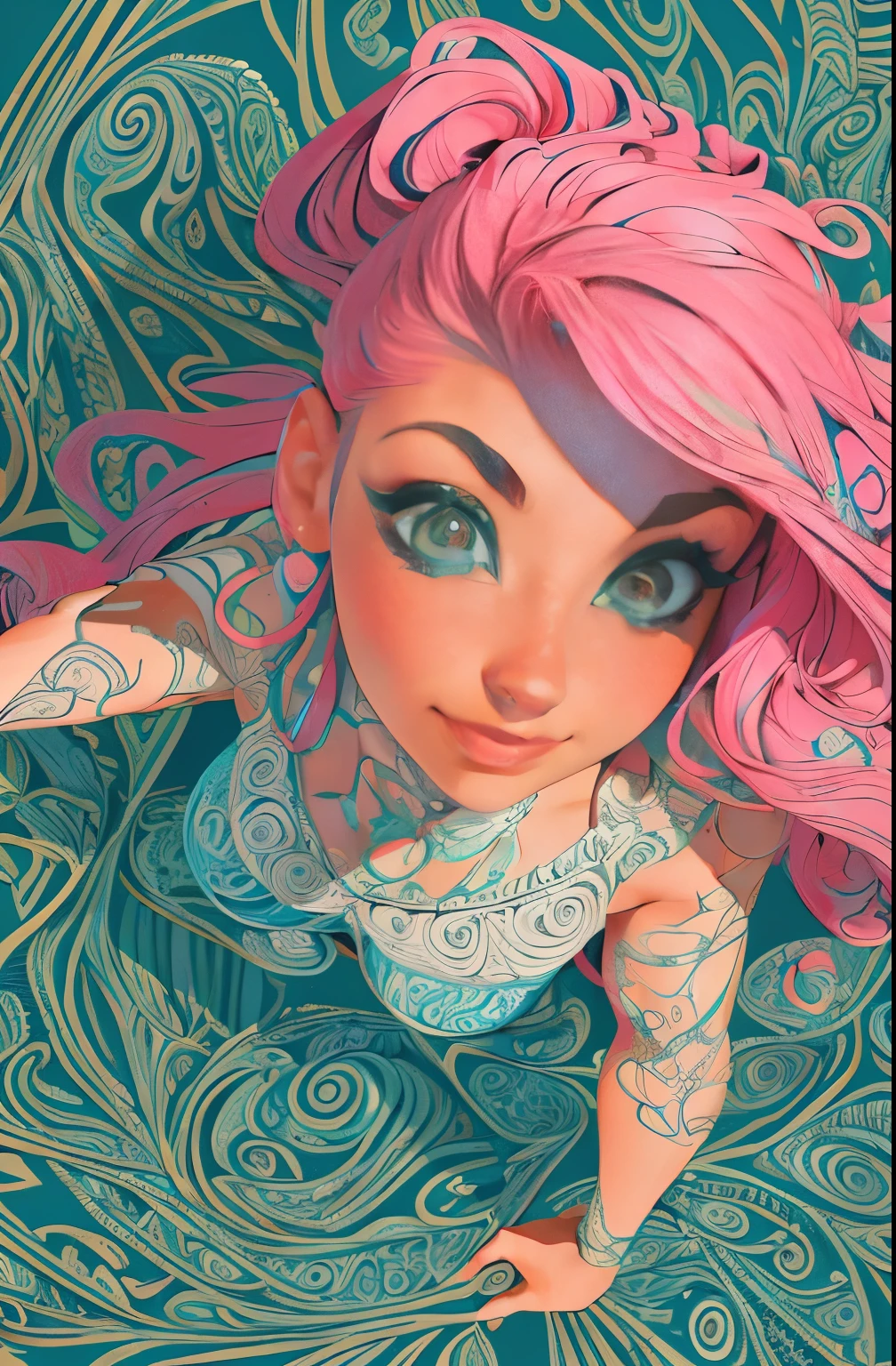 ((masterpiece:1.2, best quality)), ultra detailed, Ultra-precise depiction, Ultra-detailed depiction, (zentangle:1.2), (dynamic pose), (abstract background:1.5), wavy long hair, pink hair, 1girl, colorful, portrait, (from above:1.2)