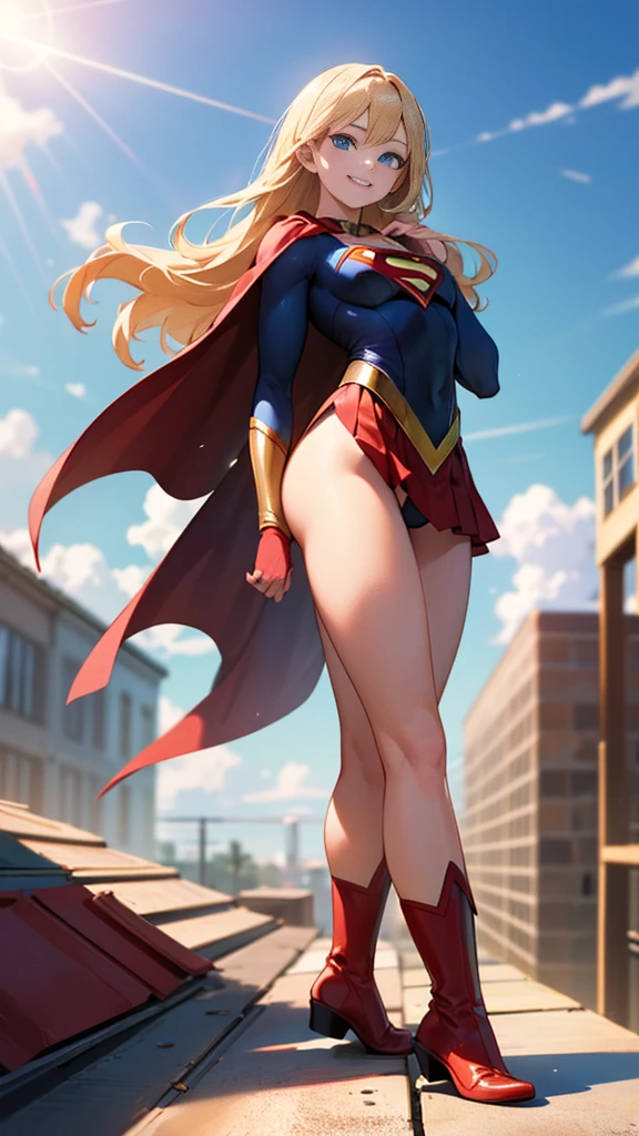 masterpiece, 4K, 8k, high quality, Very detailed, Detailed face, High resolution, Vibrant colors, Natural light, Best Shadow, Shallow depth of field, Portraiture (Supergirl:1.1) standing on a roof, smile, Red Skirt, Red Cape, red boots with heels, delicate, Captivating blue eyes, Nice medium sized breasts, blonde, (Superman symbol on chest:1.2), barefoot, blue sky, sunlight, cloud, sun, bloom,Strike a Pose，A bold stance、(((Leotard visible from skirt)))，Thick thighs，Patent leather clothing，It&#39;s attached to my body，