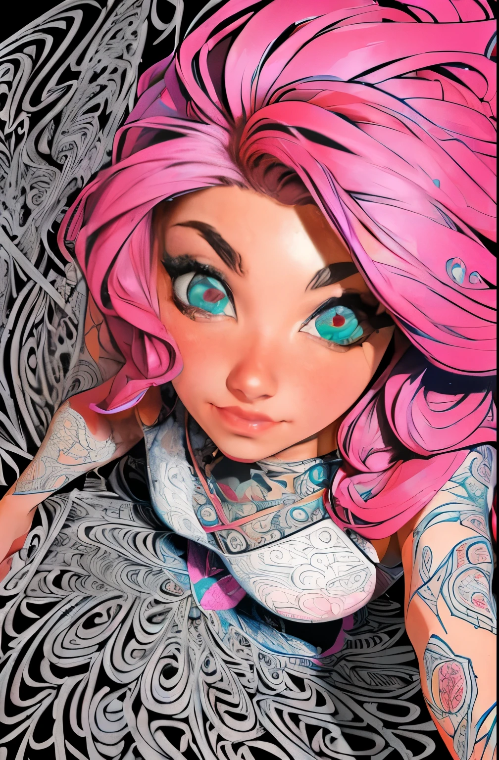 ((masterpiece:1.2, best quality)), ultra detailed, Ultra-precise depiction, Ultra-detailed depiction, (zentangle:1.2), (dynamic pose), (abstract background:1.5), wavy long hair, pink hair, 1girl, colorful, portrait, (from above:1.2)