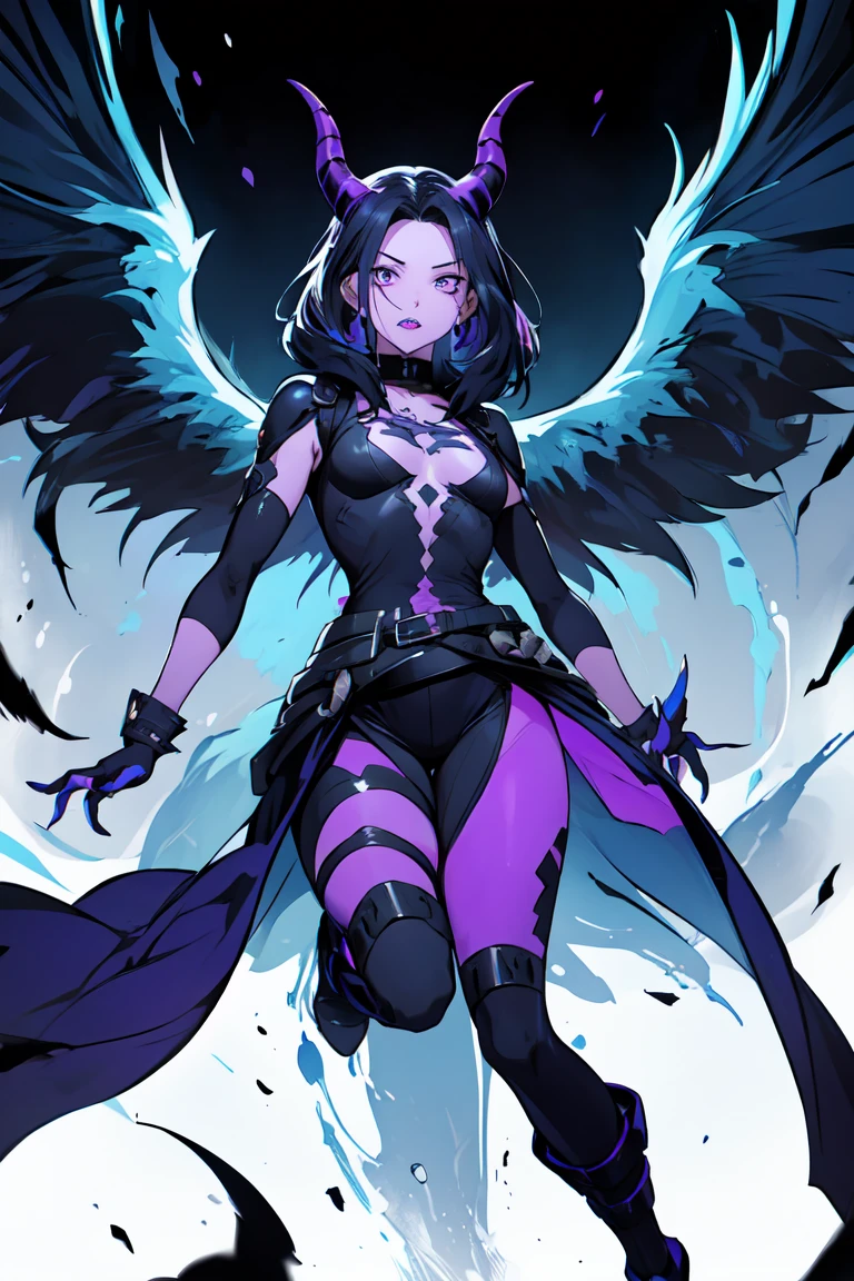 1. Light skinned woman 2. Long spiky navy blue hair/dark 3. lips painted blue and purple 4. Purple eyes 5. Attractive clothing with technological implants whose predominant colors are Blue and Purple (Example Alita from Battle Angel) 6. wears dark blue boots 7. He has blue gloves 8. Both his arms and legs are uncovered., that is to say, his technological combat suit only covers his torso, waist and chest, the elbows, arms and legs are uncovered.1. 3 eyes 2. It has a total of 6 horns, 2 large main ones located in the two upper corners of its forehead, and two other small horns located on both sides, that is to say, each main crow has another small horn on each side 3. Increases your body size and muscles 4. sharp teeth, with one I came long as a snake 5. The tongue is purple 6. His ears transform into a dark elf shape 7. Your skin turns gray 8. Claws come out of his hands 9. Gets wings similar to those of Maleficent 10. Its main colors purple and black