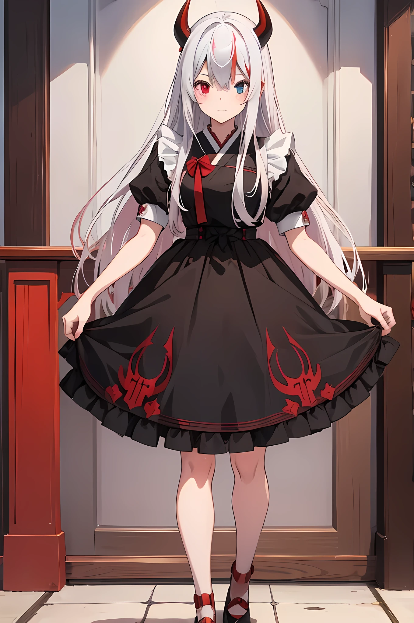Female high school student,Maid costume,Red and black devil horns,Red long hair,Height 160cm,Full body portrait painting,Blank Background,Heterochromia,Japanese anime and manga style