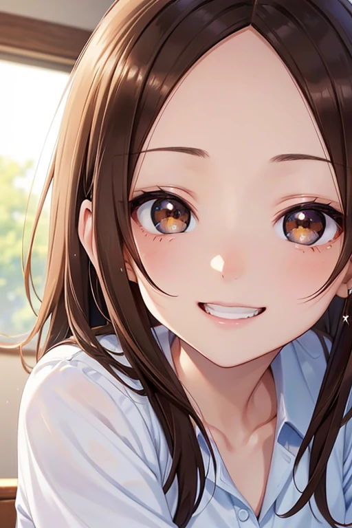 Takagi-san、Shiny brown hair, Long Hair,Forehead、Center part、 Beautiful brown eyes、smile、Sparkling eyes, (fine grain)、Very fine eye、Highly detailed face, Highly detailed eyes,


(masterpiece:1.3, Highest quality, 超High resolution, Super detailed), Cowboy Shot、 One woman，Highest quality, masterpiece, High resolution, 


young woman、short hair、Beautiful Lips、Courtship face、Smiling with teeth showing、((near))、Polo shirt、blue sky