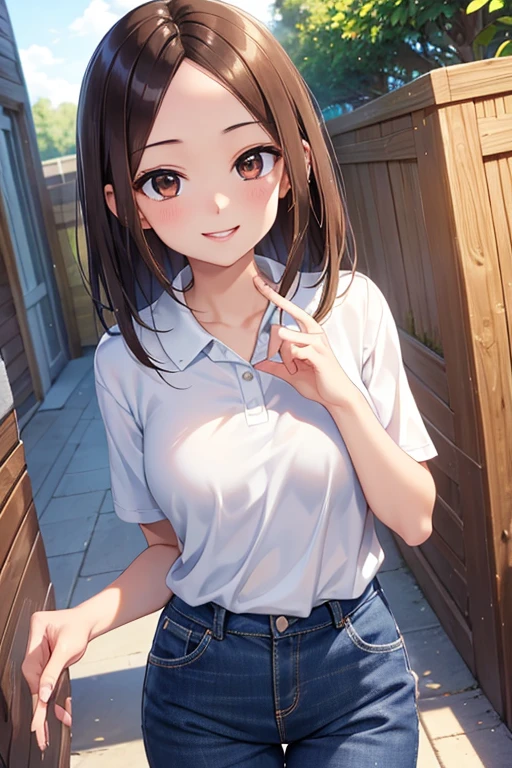 Takagi-san、Shiny brown hair, Long Hair,Forehead、Center part、 Beautiful brown eyes、smile、Sparkling eyes, (fine grain)、Very fine eye、Highly detailed face, Highly detailed eyes,


(masterpiece:1.3, Highest quality, 超High resolution, Super detailed), Cowboy Shot、 One woman，Highest quality, masterpiece, High resolution, 


young woman、short hair、Beautiful Lips、Courtship face、Smiling with teeth showing、((near))、Polo shirt、blue sky