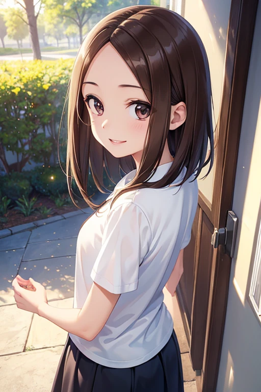 Takagi-san、Shiny brown hair, Long Hair,Forehead、Center part、 Beautiful brown eyes、smile、Sparkling eyes, (fine grain)、Very fine eye、Highly detailed face, Highly detailed eyes,


(masterpiece:1.3, Highest quality, 超High resolution, Super detailed), Cowboy Shot、 One woman，Highest quality, masterpiece, High resolution, 


young woman、short hair、Beautiful Lips、Courtship face、Smiling with teeth showing、((near))、Polo shirt、blue sky