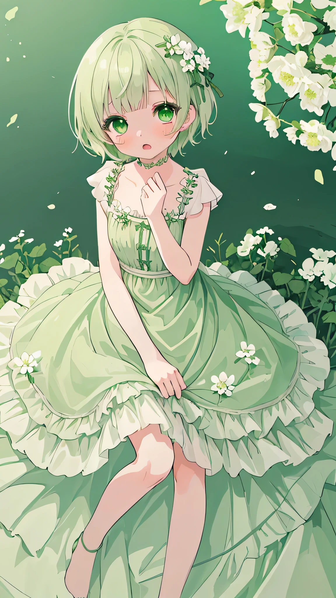 Green short hair full body picture, Green Eyes, Small white flower hair accessories , Green Dress , short and small , cry , 1 girl , best quality、high resolution