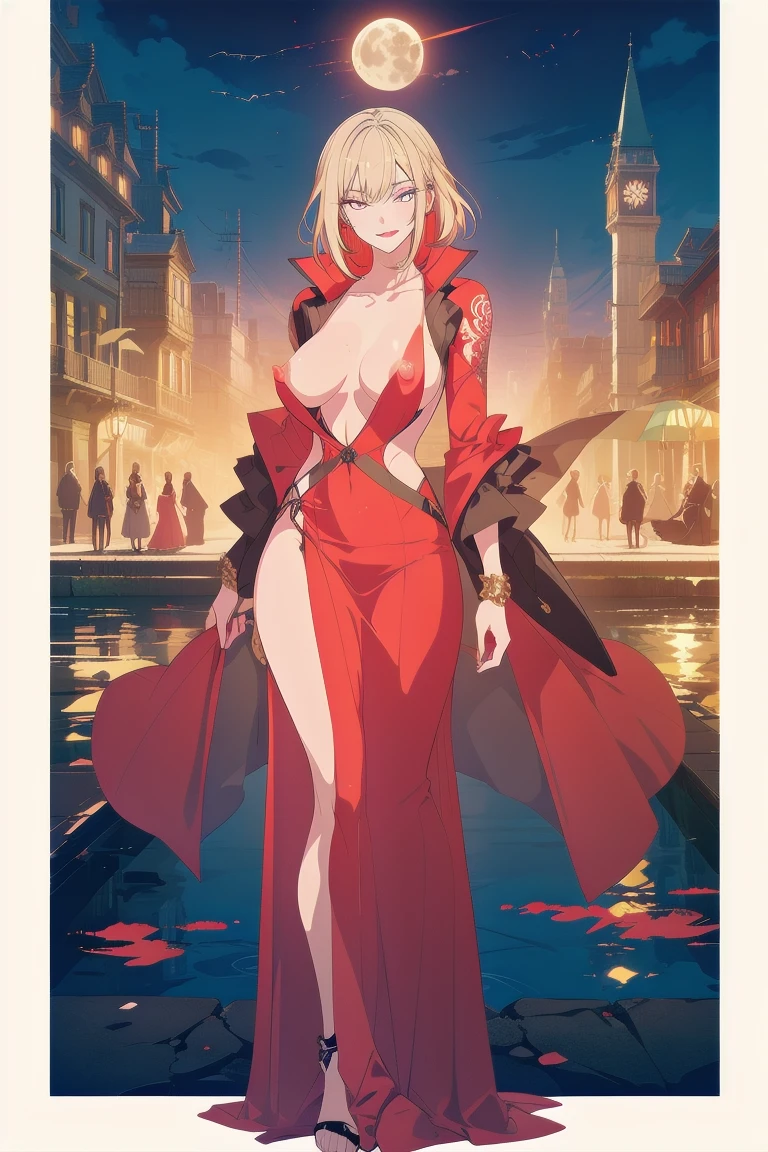 Impressive female portrait depicting a woman with long hair, Light blonde hair with lots of vibrant red highlights, cute, Very luxurious, Creates a unique two-tone effect, Long hair ponytail. Her big, Sharp, red, bloodshot eyes staring intensely, Lovely, Adds an unsettling yet seductive presence. Dressed formally, Her body is adorned with numerous intricate tattoos., nippl face has a prominent moon design on it.. Full Body Shot, Cowboy Shot. Symmetrical female features and malevolence, A big smile conveys badness, Ominous attitude, In the Dark, Cityscape Background, With a mysterious dress, Gold ornaments,