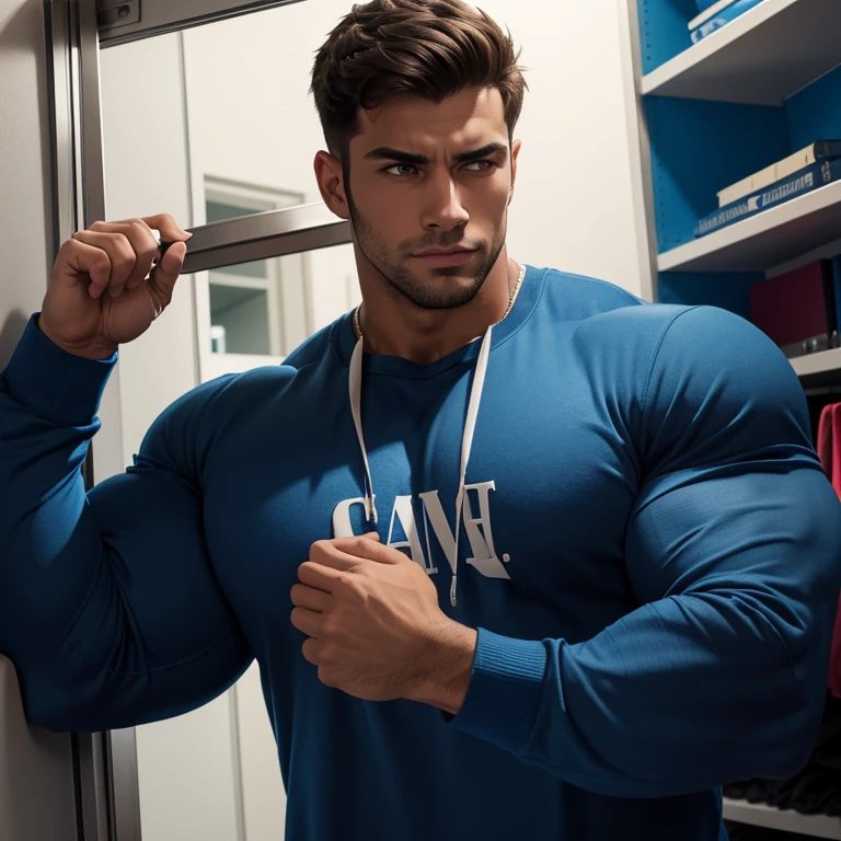 a very handsome young man, massively muscular, with massively large muscles, with massively large biceps, with massively large arms, wearing a blue sweatshirt with long sleeves, in a very cramped closet, seen from very close up