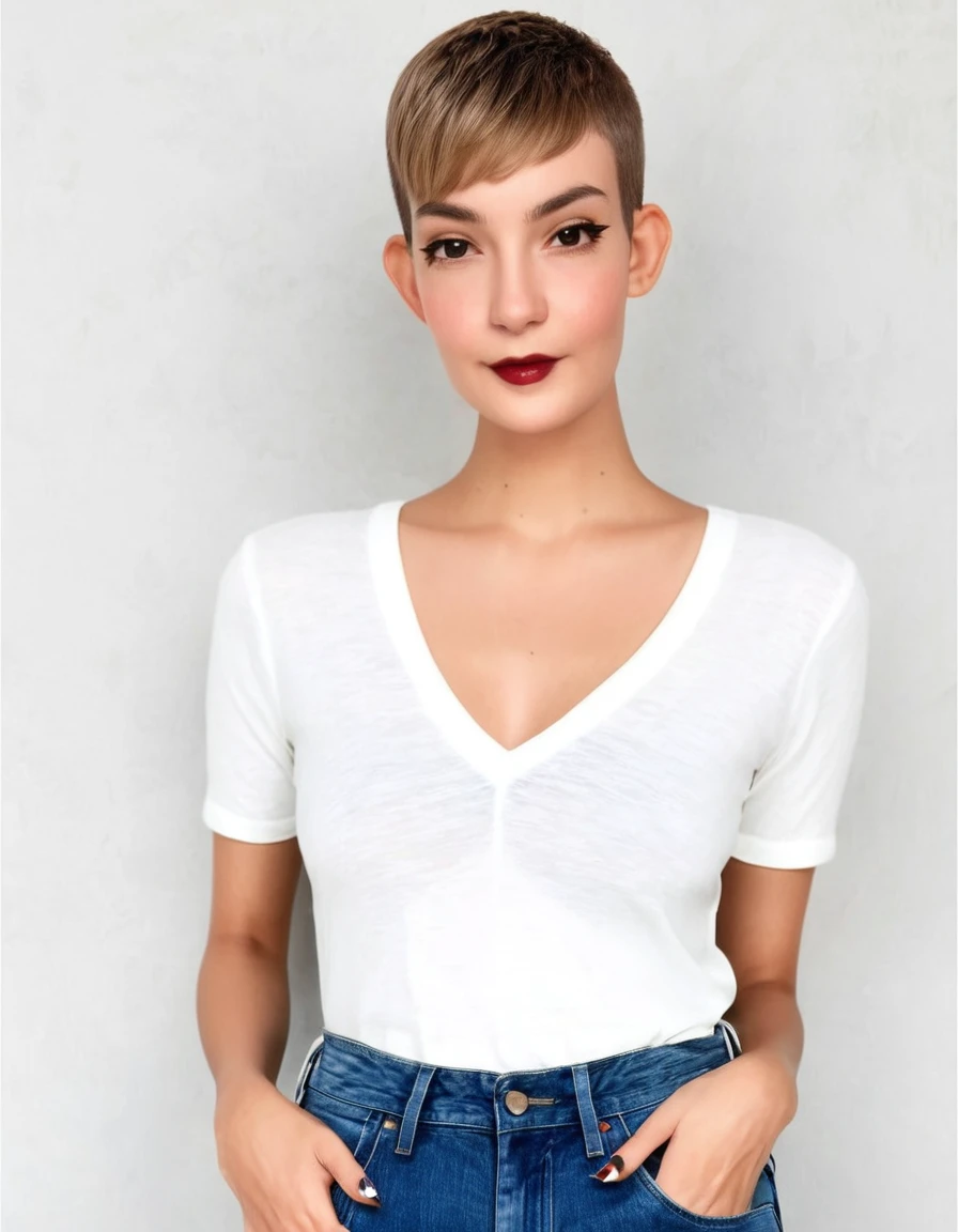 a pretty young woman, 24 years old, with a short buzzcut hairstyle, head shave, Bald, short neck, wearing a V-neck tight white shirt and blue jeans pants, high detailed, realistic, photorealistic, hyperrealistic, 8k, extremely detailed, masterpiece, studio lighting, natural lighting, cinematic, striking pose, beautiful detailed eyes, beautiful detailed lips, extremely detailed face, long eyelashes, flawless skin, cinematic lighting, warm color tones, vibrant colors, elegant, beautiful