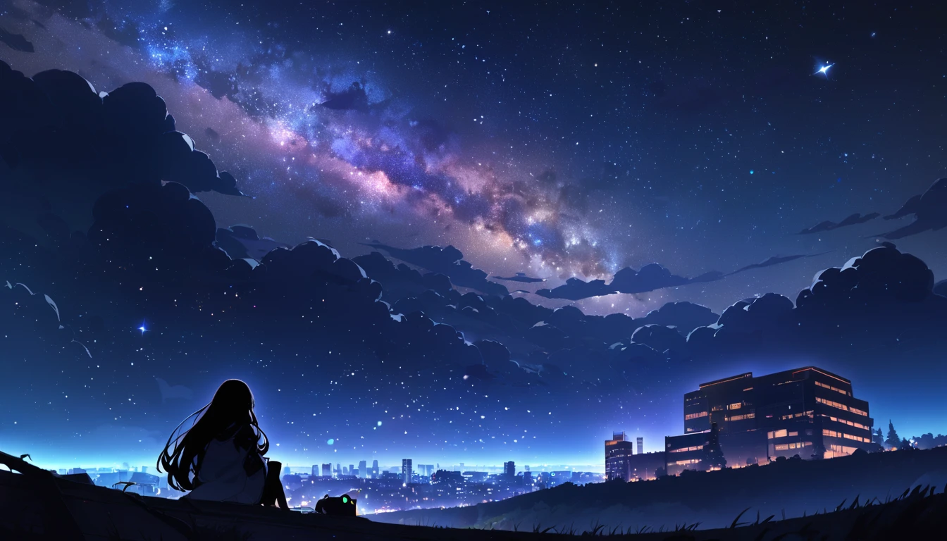 Octane, null, star (null), landscape, starry null, night, only , night null, alone, Outdoor, sign, building, cloud, milky way, Sitting, wood, Long Hair, city, silhouette, cityscape