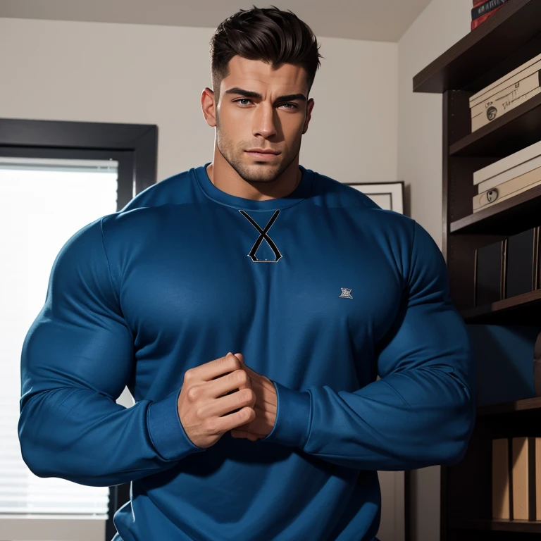 a very handsome young man, simple blue sweatshirt with long sleeves and black shorts, extremely handsome, very muscular, with very large muscles, defined and muscular body, sitting on a sofa