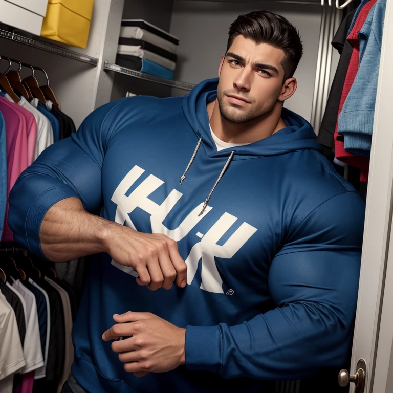 a very handsome young man, massively muscular, with massively large muscles, with massively large biceps, with massively large arms, wearing a blue sweatshirt with long sleeves, in a very cramped closet, he is so big that he barely fits in the closet, seen from very close up