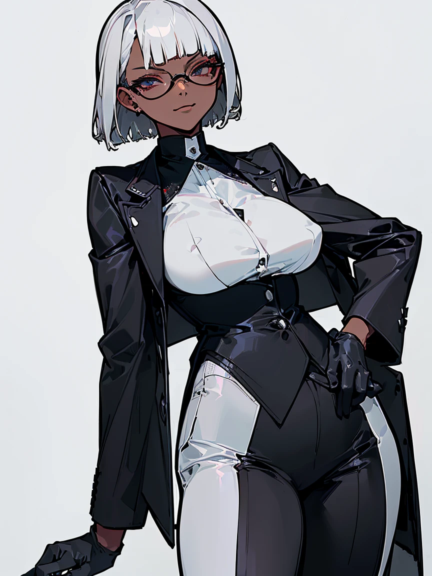 (Highest quality、masterpiece:1.2) 1 Female、adult、((Dark skinned women、long white short hair、Hair over the ears)) ((White office background)) Glasses、((Black business suit, Erect nipples、Black tailored jacket、White shirt、Black pantsuit、Black Leather Gloves)) (One hand on her hip) (Malicious look、Vulgar smile)