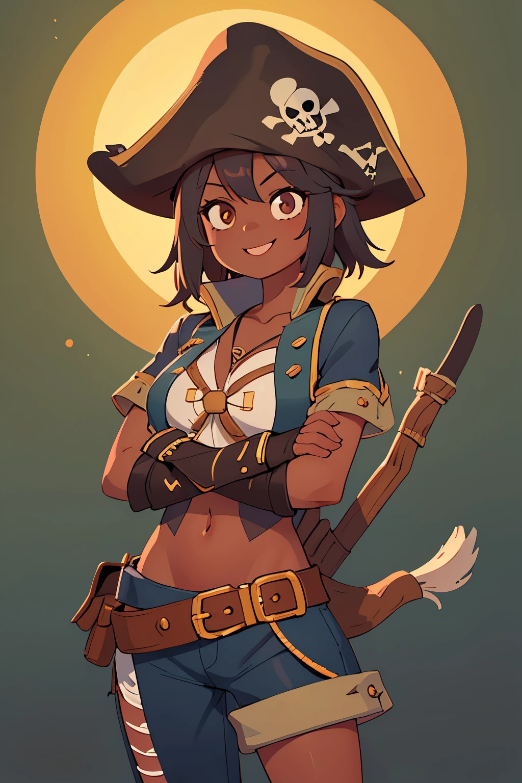 (artwork, best quality:1.2), Alone, 1 girl, Dark skin tone, dark skinned female, smile, Looking at viewer, crossed arm posture, pirate hat, fingerless gloves, pirate outfit
