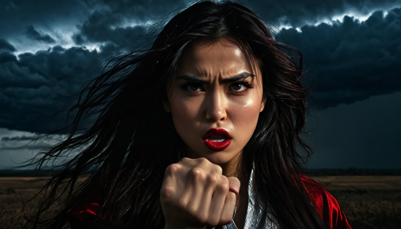 heart of hatred, anger, 1 woman, beautiful detailed eyes, beautiful detailed lips, extremely detailed face and features, long dark hair, fierce expression, clenched fist, dark clouds, dramatic lighting, cinematic, dark fantasy, dramatic shadows, moody, deep red and black color palette, dramatic highlights, chiaroscuro, intricate details, photorealistic, 8k, hyper detailed, masterpiece