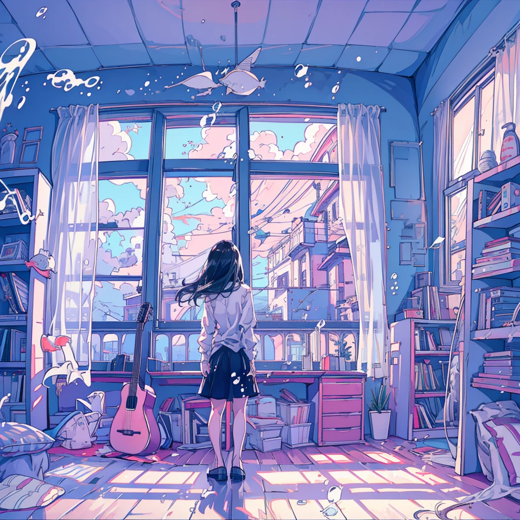 (1girl in), 20yr old, Detailed details, A dark-haired, length hair, (White underwear), White shirt, In front of a large window, (Stand facing the window), plays the guitar, posterior view, inside in room, Hardwood flooring, bookcase, houseplant, Big clouds outside the window, portlate,Evening glow