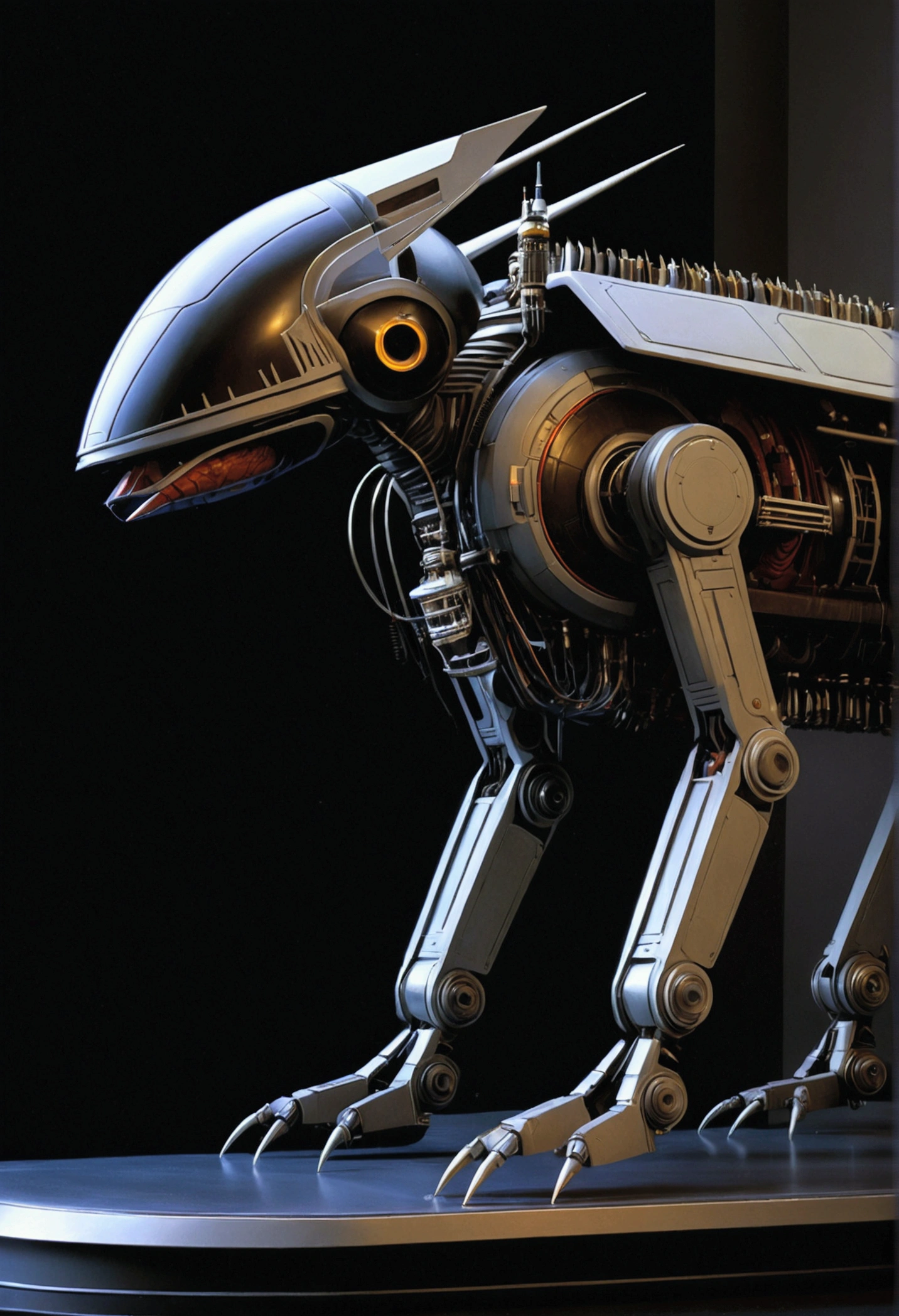 Mechanical Creature, science fiction, by Ralph McQuarrie, cinematic still, chiaroscuro, dynamic, (best quality, masterpiece, photorealistic), very aesthetic, perfect composition, intricate details, ultra-detailed, vivid colors