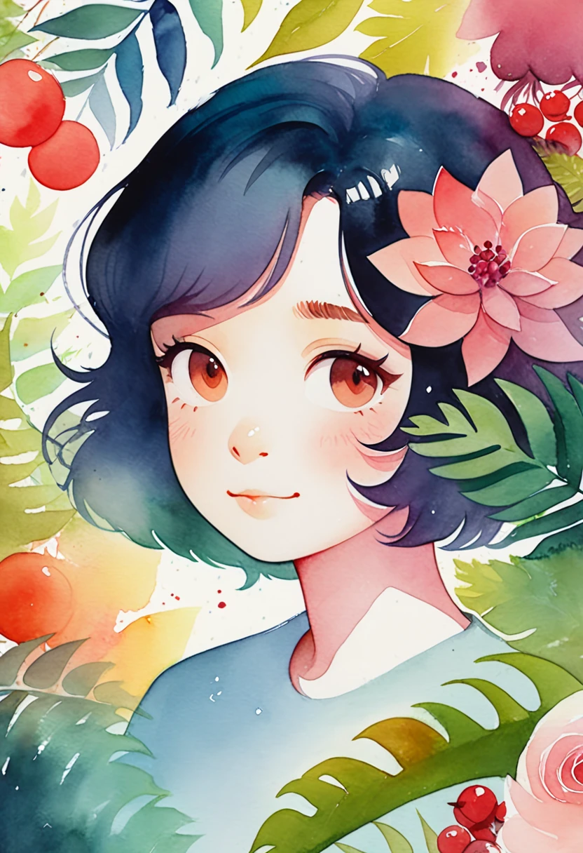 ((super detailed)beautiful flowers, berries, ferns, leaves, watercolor pattern of calming colors)(watercolor texture)(1girl, short hair, cute)