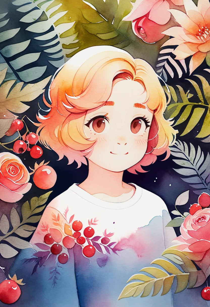 ((super detailed)beautiful flowers, berries, ferns, leaves, watercolor pattern of calming colors)(watercolor texture)(1girl, short hair, cute)