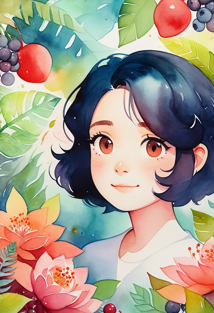 ((super detailed)beautiful flowers, berries, ferns, leaves, watercolor pattern of calming colors)(watercolor texture)(1girl, short hair, cute)
