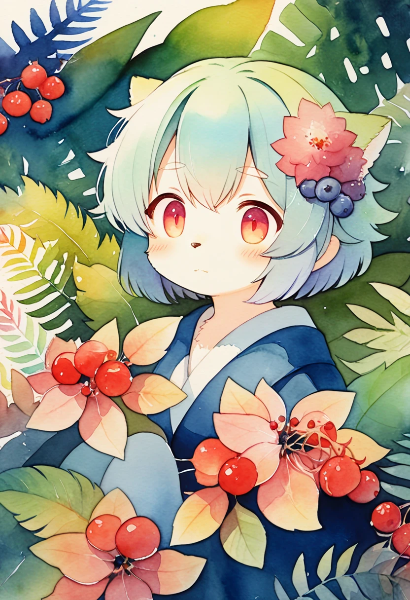 ((super detailed)beautiful flowers, berries, ferns, leaves, watercolor pattern of calming colors)(watercolor texture)(1girl, kemono, furry, short hair, cute)