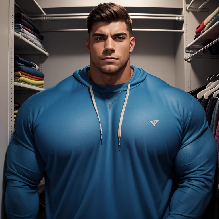 a very handsome young man, massively muscular, with massively large muscles, with massively large biceps, with massively large arms, wearing a blue sweatshirt with long sleeves, in a very cramped closet, he is so big that he barely fits in the closet, seen from very close up