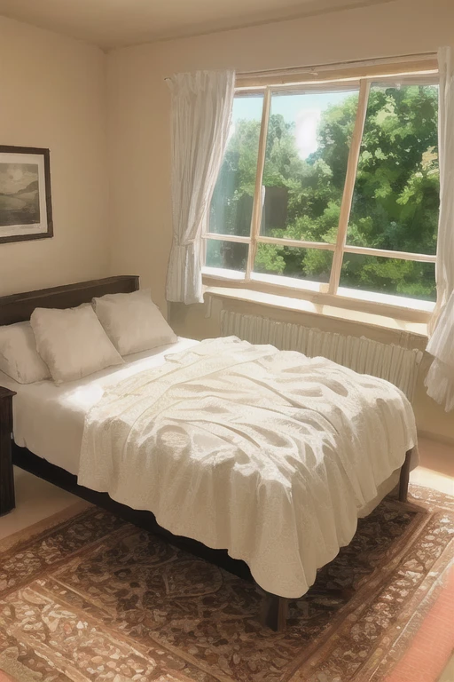 Luxurious Bed room with a Wide bed with white blankets, sun, window
