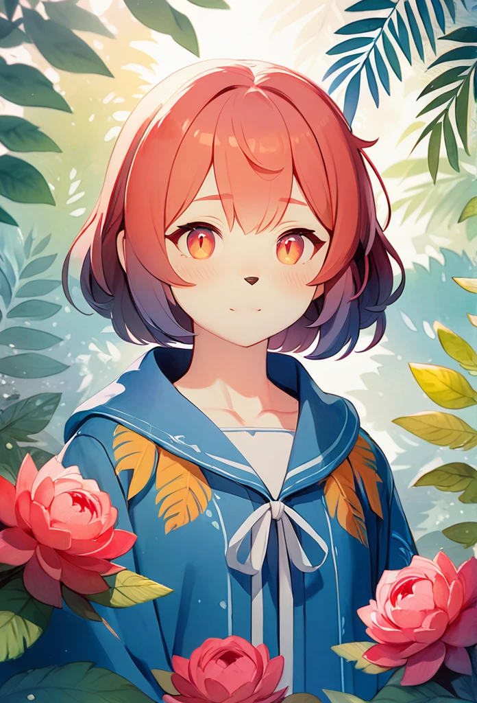 (watercolor texture)cover page, highres, top quality, best quality, paid reward available, unparalleled masterpiece, perfect artwork, absurdres, High-quality illustrations, super high resolution, detailed background, perfect anatomy(1girl, kemono, furry, short hair, cute)(beautiful flowers, berries, ferns, leaves, watercolor pattern of calming colors),