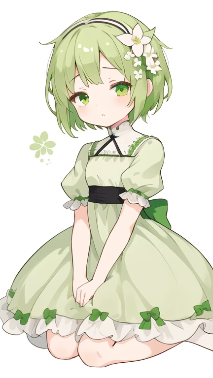 Green short hair girl full body picture, Green eyes, Small white flower hair accessories , Green dress , Short stature ,1 girl ,White background , sleepy