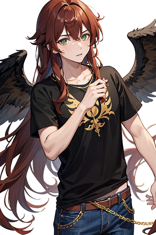 Xiao from Genshin Impact, boy, 16 years old, messy reddish brown hair with long locks of hair in the bangs, green eyes, open red t-shirt, black shirt with gold wings print, necklace with a gold cross, blue jeans, looking in profile directly at viewer, white background