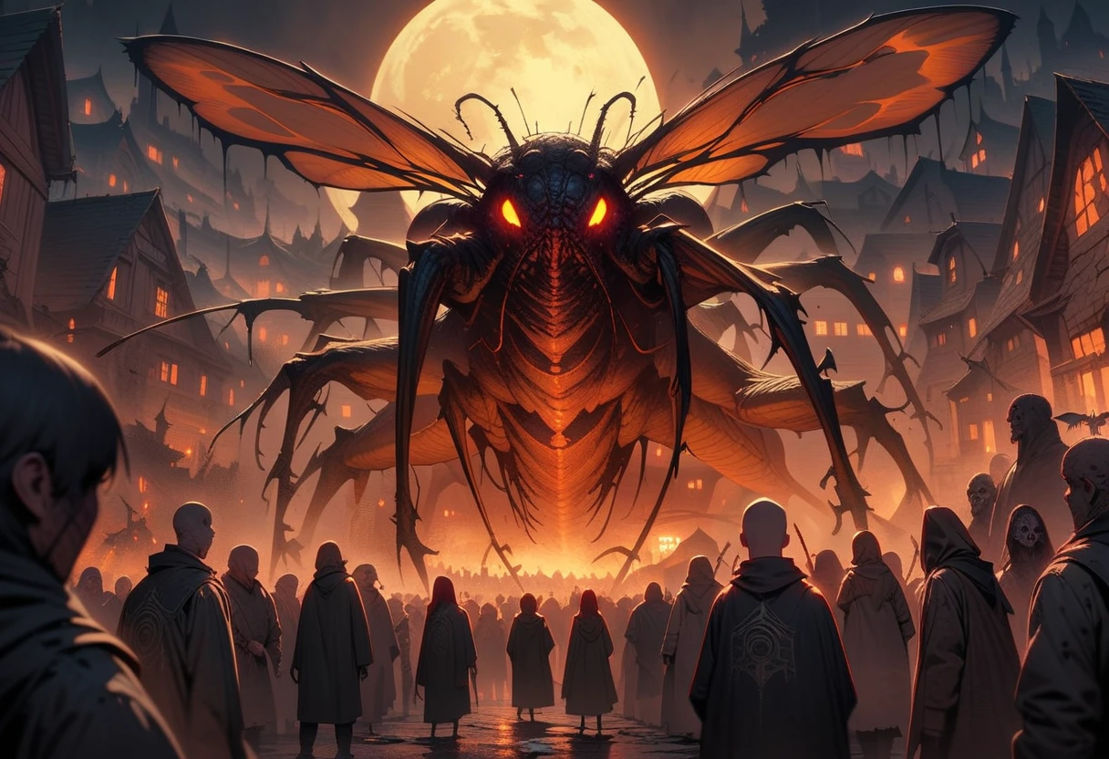 ((best quality)) , ((masterpiece)) , (detailentasy illustration of an enormous wasp with glowing eyes, surrounded cheering people in the style of magic The gathering card art. In front is a large yellow moon over a fantasy town background. Vibrant colors are used.,(Horror-themed , Eerie, unsettling, dark, spooky, suspenseful, grim, highly detailed,ugly)