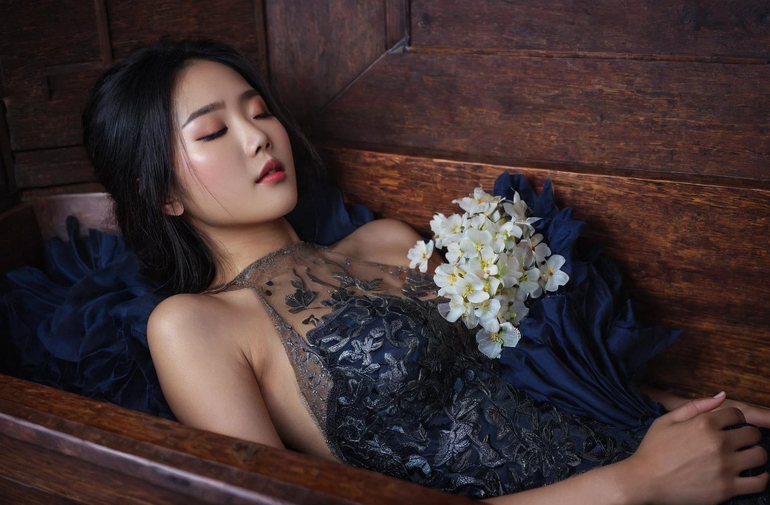 In a striking 8K HDR scene, a stunning Korean woman, 22 years old, lies peacefully in a black coffin surrounded by plush pillows. The deep box is set against a rich black background, accentuating the beauty of the subject. Her exquisite deep-V neckline kebaya attire is embroidered with superb detail, showcasing her round and firm breasts, perfect cleavage, and beautiful eyebrows. Her closed eyes and mouth give an air of serenity, while her visible and absolute cleavage leave nothing to imagination. The scene is bathed in saturated colors, highlighting every intricate aspect from the ball skirt to her clean face, straight body, detailed hand perfect hands, straight body, own hands together, own hand on stomach, detailed hands, perfect hands, holding the flowers.