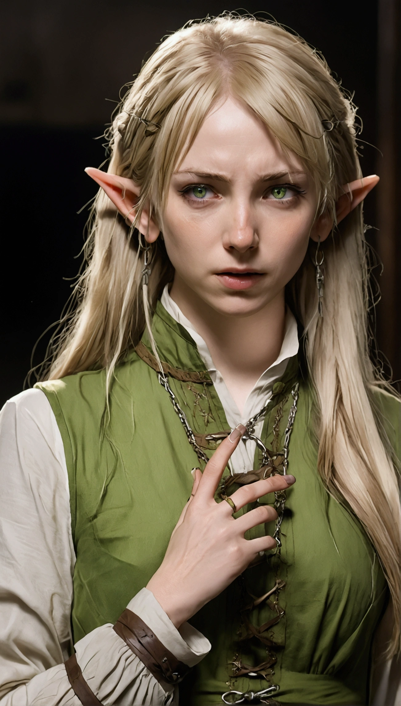 anime. young woman. elf. edge. edge collar. shackles. Dirty tunic. torn tunic. blonde. long hair. green eyes. beautiful eyes. pointed ears. cold. runny nose. sneeze. sneezes. Snot flows from the nose. Covers nose with hands. Snot flows from the nose onto the palm after sneezing. standing upright.Full body.