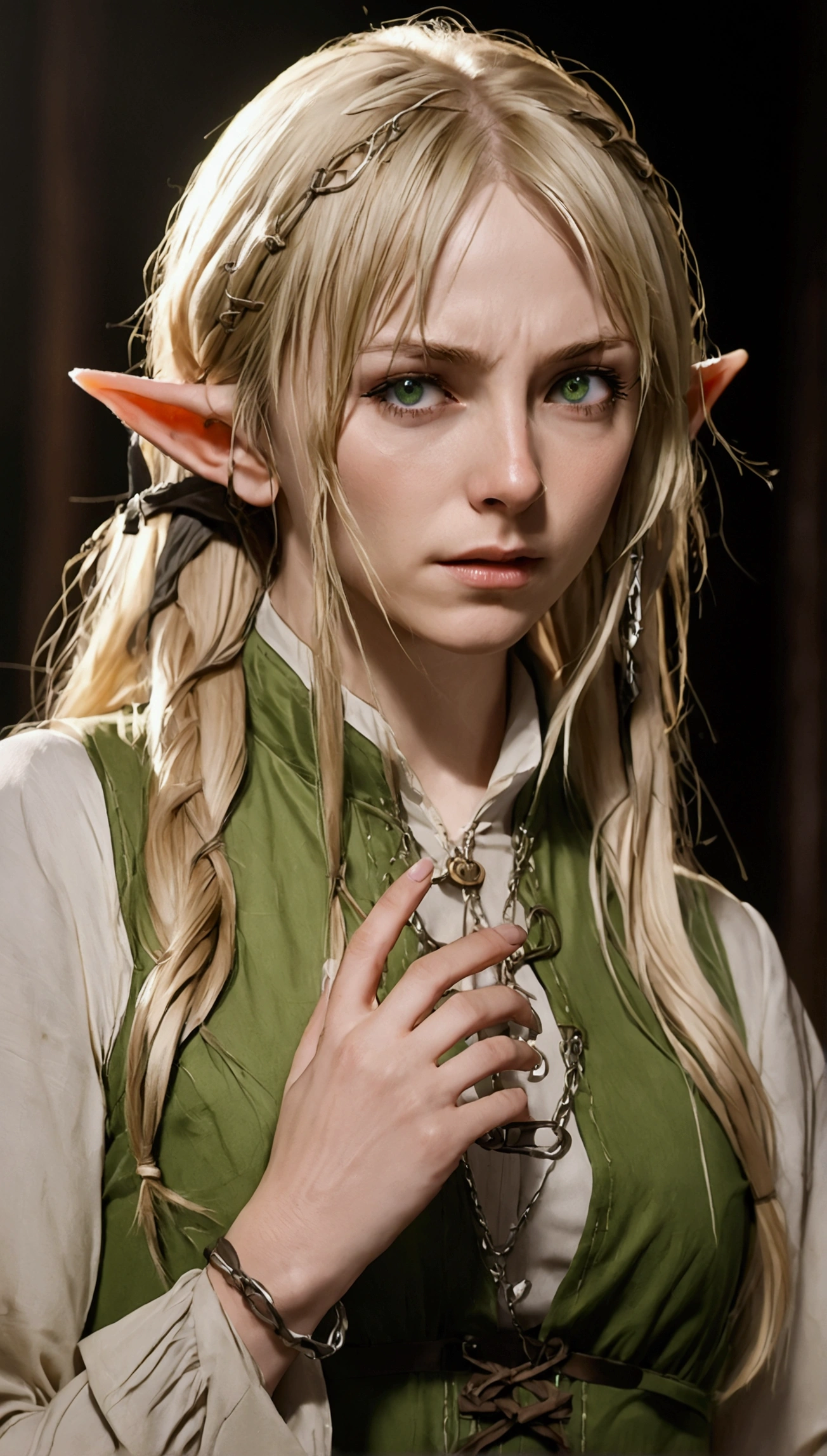 anime. young woman. elf. edge. edge collar. shackles. Dirty tunic. torn tunic. blonde. long hair. green eyes. beautiful eyes. pointed ears. cold. runny nose. sneeze. sneezes. Snot flows from the nose. Covers nose with hands. Snot flows from the nose onto the palm after sneezing. standing upright.Full body.