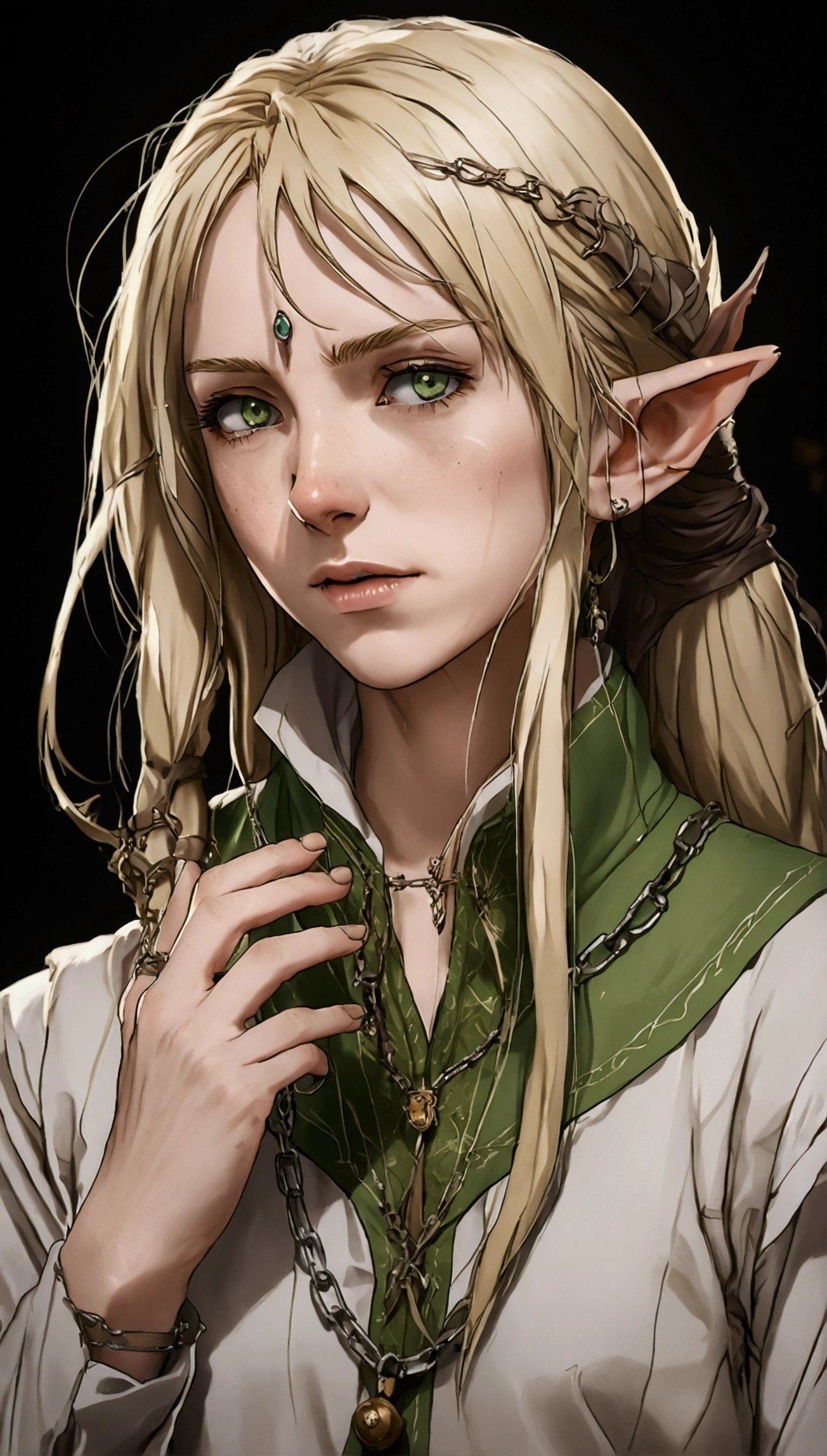 anime. young woman. elf. edge. edge collar. shackles. Dirty tunic. torn tunic. blonde. long hair. green eyes. beautiful eyes. pointed ears. cold. runny nose. sneeze. sneezes. Snot flows from the nose. Covers nose with hands. Snot flows from the nose onto the palm after sneezing. standing upright.Full body.