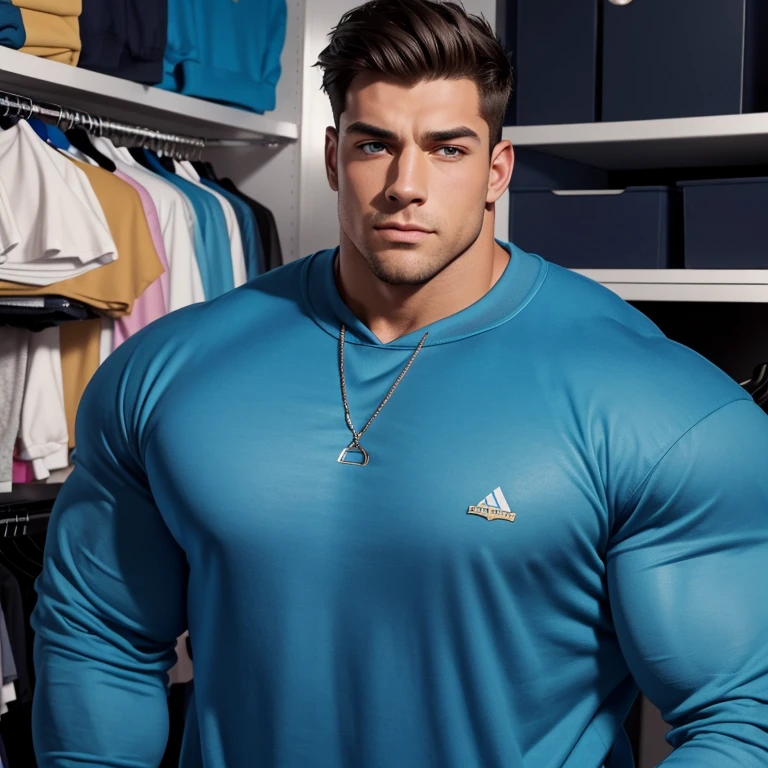 a very handsome man, with a short haircut, robust, serious, massively muscular, with massively large muscles, with a massively muscular and defined body, wearing a blue shirt