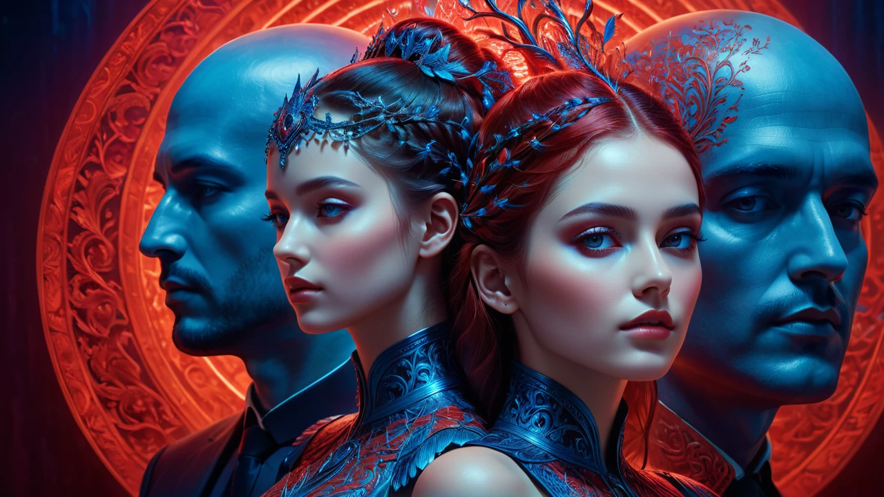 a beautiful girl with a man's head, multiple heads in one body, hyperrealistic digital illustration, red and blue lighting, striking contrast, ethereal, fantastical, highly detailed, intricate, masterpiece, 8k, photo-realistic, cinematic lighting, dramatic atmosphere, intense colors, mesmerizing, surreal, visually captivating