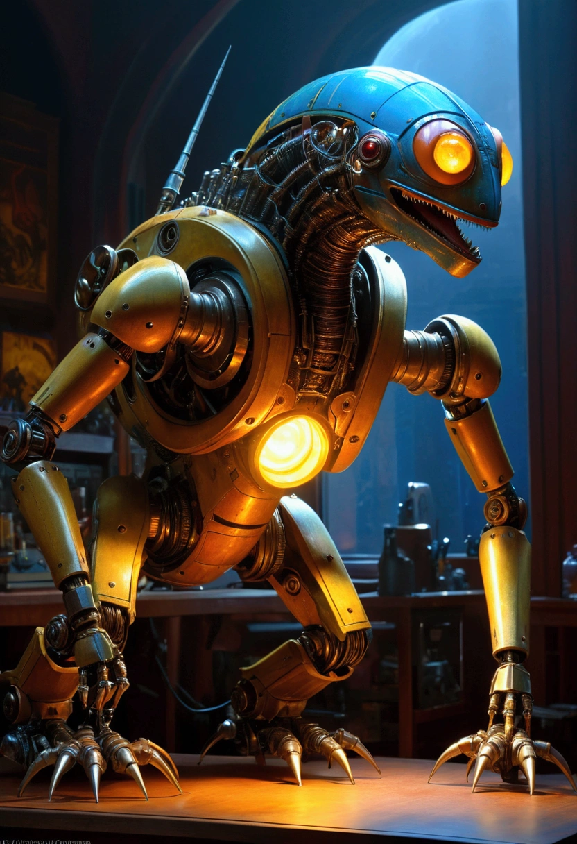 Mechanical Creature, science fiction, by Ralph McQuarrie, cinematic still, chiaroscuro, dynamic, (best quality, masterpiece, photorealistic), very aesthetic, perfect composition, intricate details, ultra-detailed, vivid colors