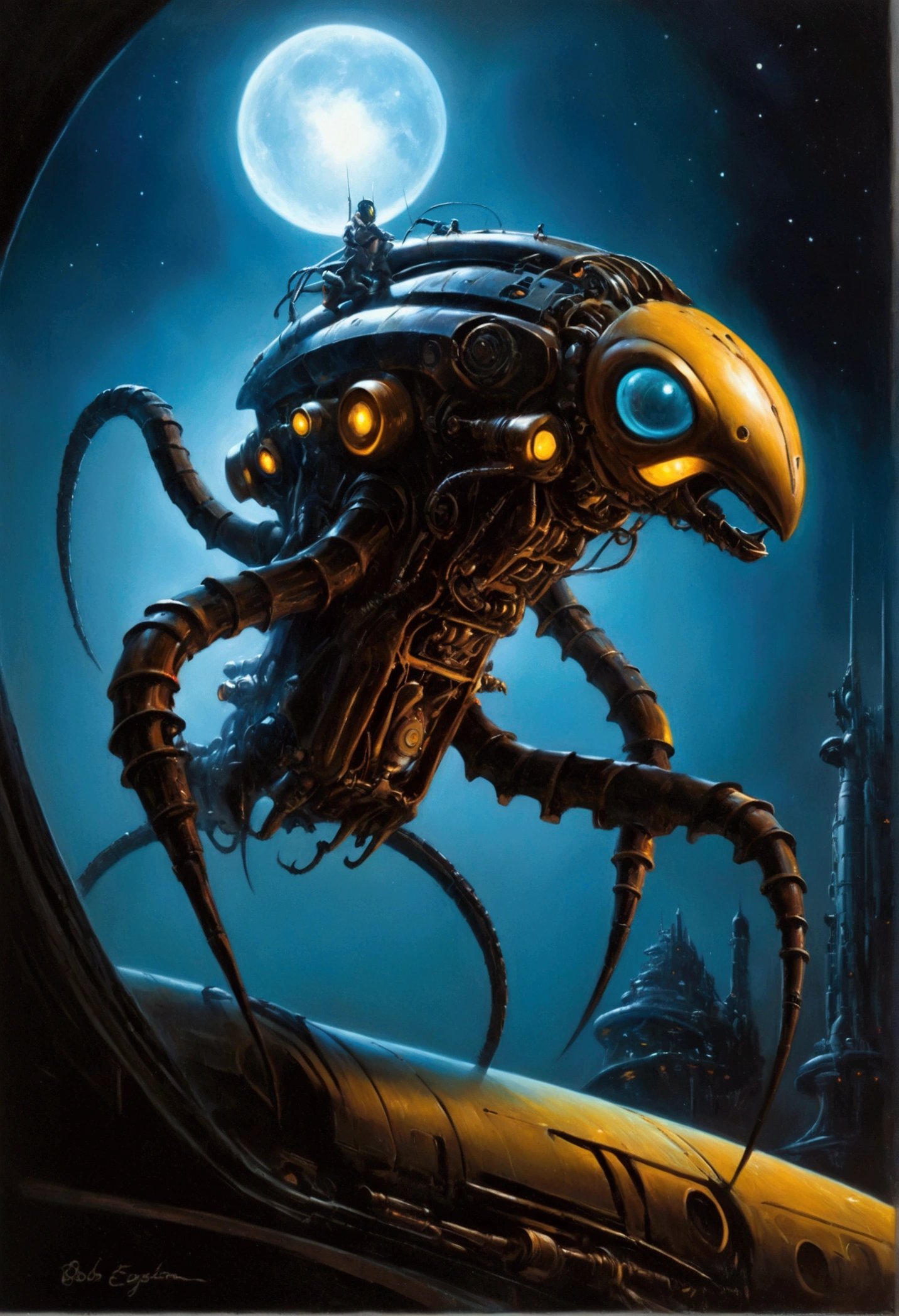Mechanical Creature, science fiction, by Ralph McQuarrie, cinematic still, chiaroscuro, dynamic, (best quality, masterpiece, photorealistic), very aesthetic, perfect composition, intricate details, ultra-detailed, vivid colors