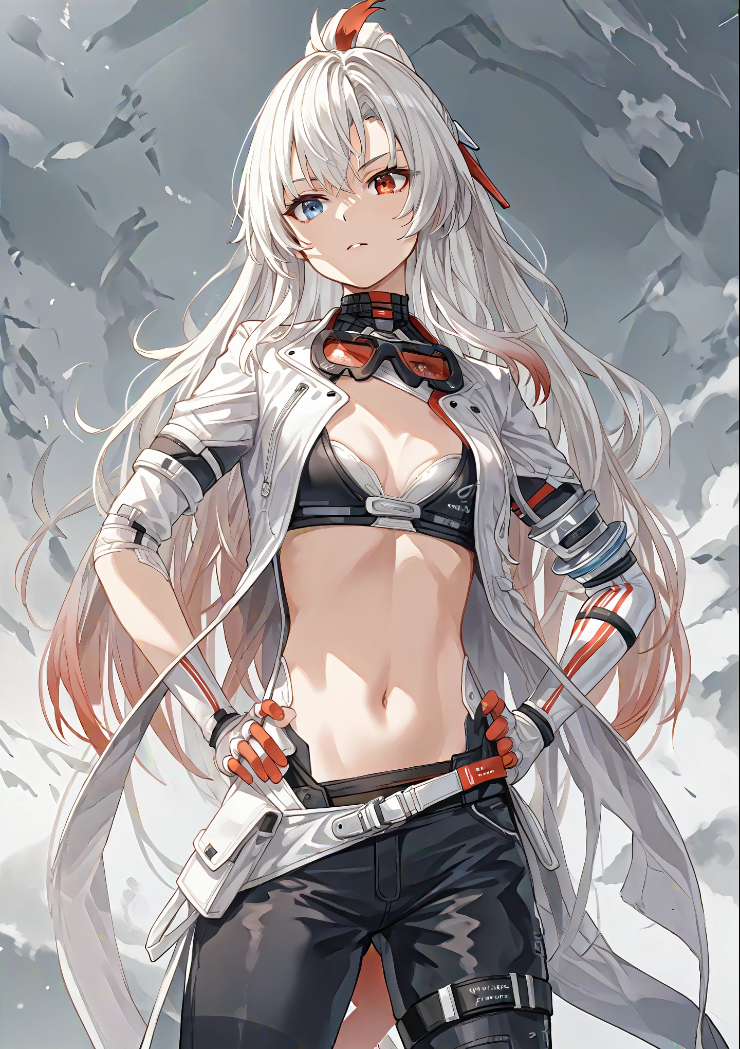 ((heterochromia )) (((double coulored eyes))) solo, white hair, red ribbon, headgear, ponytail, gradient hair, white coat, goggles, goggles around neck, red eyes, blue eyes, white coat,bra, prosthetic arm, bandaged arm BREAK detailed shading, (((cowboy shot))), black pants, single pantsleg,hands on hips
