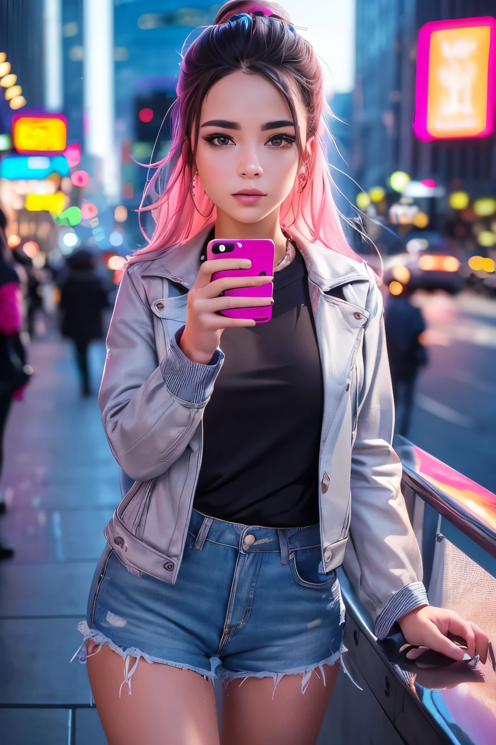 a young woman using a smartphone, social media influencer, taking selfie, modern city background, fashion trends, bright colorful style, dynamic composition, cinematic lighting, photorealistic, highly detailed, 8k, (best quality, 4k, 8k, highres, masterpiece:1.2), ultra-detailed, (realistic, photorealistic, photo-realistic:1.37), warm tones, vibrant colors