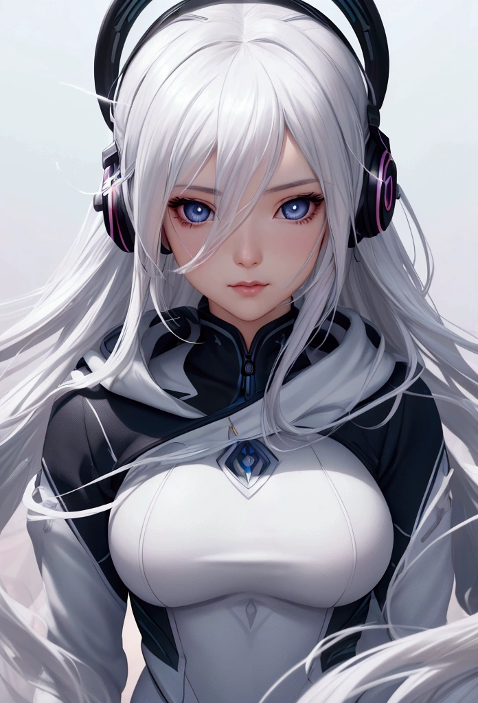 a close up of a person with headphones on with a background, hoodie, bluish eye pupils, white hair pink tips, facing left side, flowing hair, wind blowing through, dynamic angle, 8k artgem bokeh, ross tran style, a pastel inspired by Ross Tran, magical realism, global illumination, artgerm and atey ghailan, inspired by Ross Tran, extremely detailed artgerm, ig model | artgerm